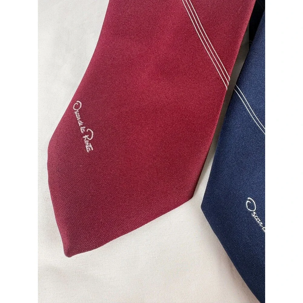 Lot of 2 Vintage Oscar de la Renta Pinstripe Silk Neck Ties Set Burgundy Navy